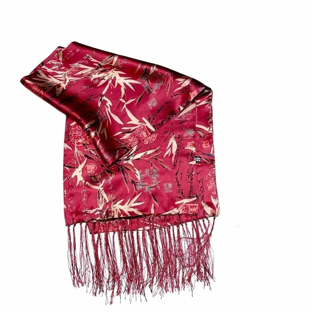 Men's Fuchsia Doubled Silk Scarf Hieroglyphs and Floral Bamboo Design Fringed - Picture 4 of 8